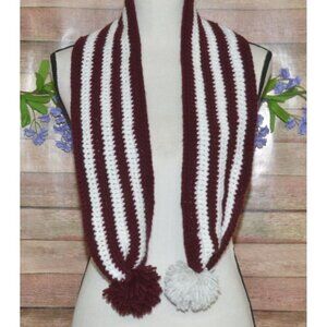 Hand Knit Crochet Maroon & White Scarf Pom Pom Ends Neck Warmer Texas A&M Gear